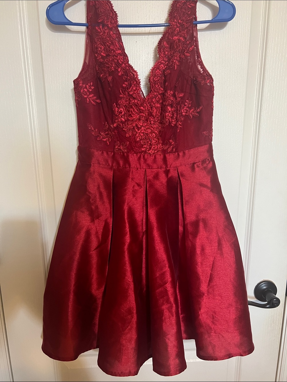 Embroidered V-Neck Red Satin A-Line Prom Dress